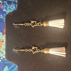 Antique Gold Stars & White Tassel Hook Earrings